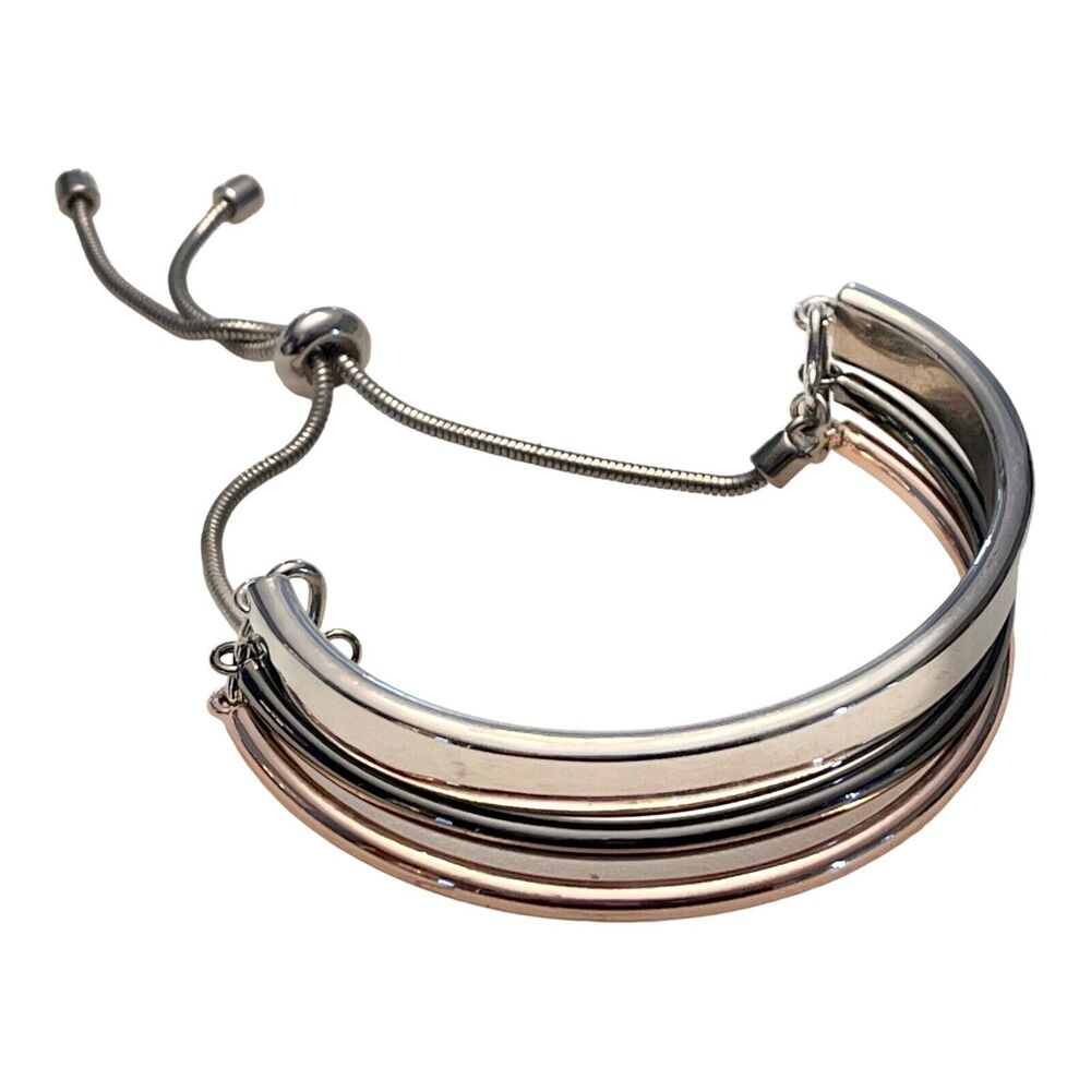 Tri Color Bolo Bangle Bracelet Rose Gold Gunmetal Silver Plate Adjustable New